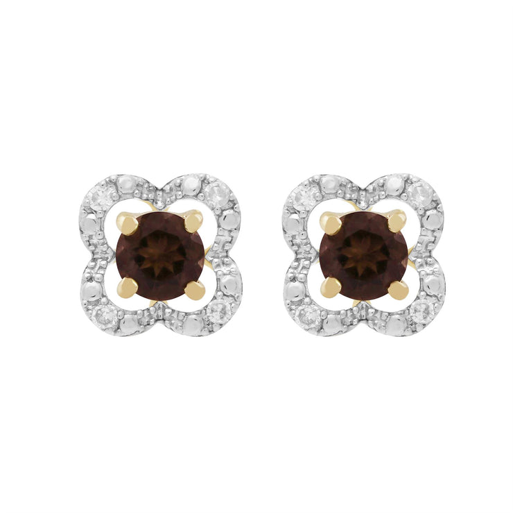 Boucles d'Oreilles Clou Quartz Fumé Classique Or Jaune 375 et Ear-Jacket Fleur Diamant