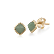 Bague et Boucles d'Oreilles Clou Classique Or Jaune 375 Jade Verte Coussin sertie Clos