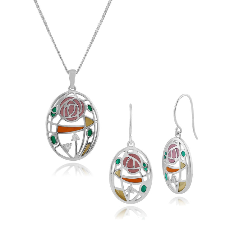 Collier et Boucles d'Oreilles Ovales Pendantes Style Rennie Mackintosh Argent 925 Topaze et Email Style Rose de Glasgow