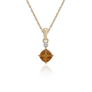 Pendentif et Boucles d'Oreilles Clou Classique Or Jaune 375 Citrine Coussin et Diamant