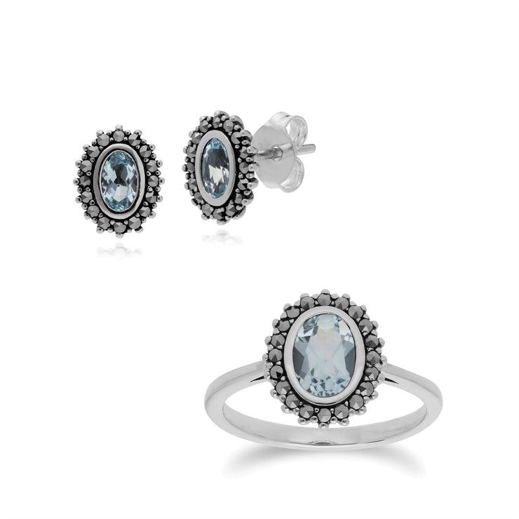Bague et Boucles d'Oreilles Clou Style Art Déco Argent 925 Topaze Bleue Ovale et Marcassite Halo