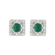 Boucles d'Oreilles Clou Emeraude Classique Or Jaune 375 et Ear-Jacket Carré Diamant