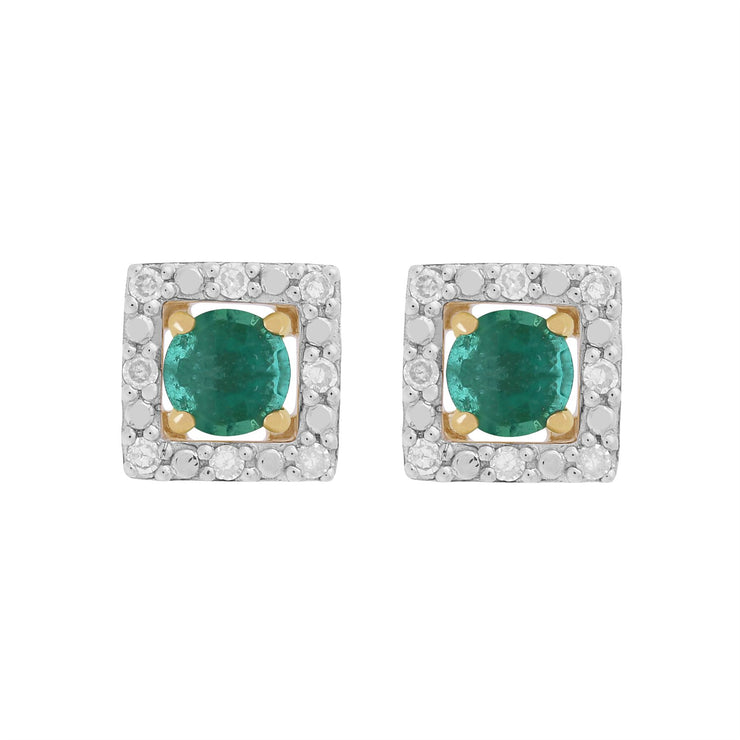 Boucles d'Oreilles Clou Emeraude Classique Or Jaune 375 et Ear-Jacket Carré Diamant