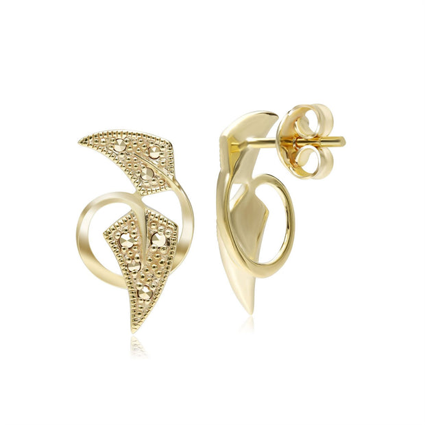 Boucles d'Oreilles Style Art Nouveau Feuille avec Marcassite