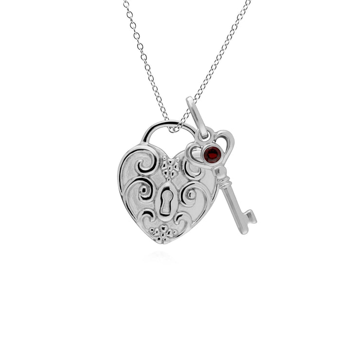 Pendentif Classique Cadenas Cœur Torsadé Argent 925 et Charms Clé Grenat