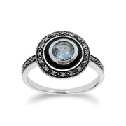 Bague et Boucles d'Oreilles Pendantes Style Art Déco Argent 925 Topaze Bleue Ronde, Marcassite et Email Noire