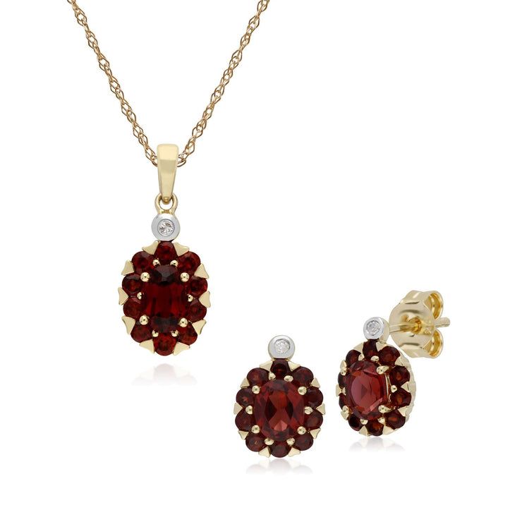 Boucles d'Oreilles Clou et Pendentif Classique Or Jaune 375 Grenat et Diamant Cluster