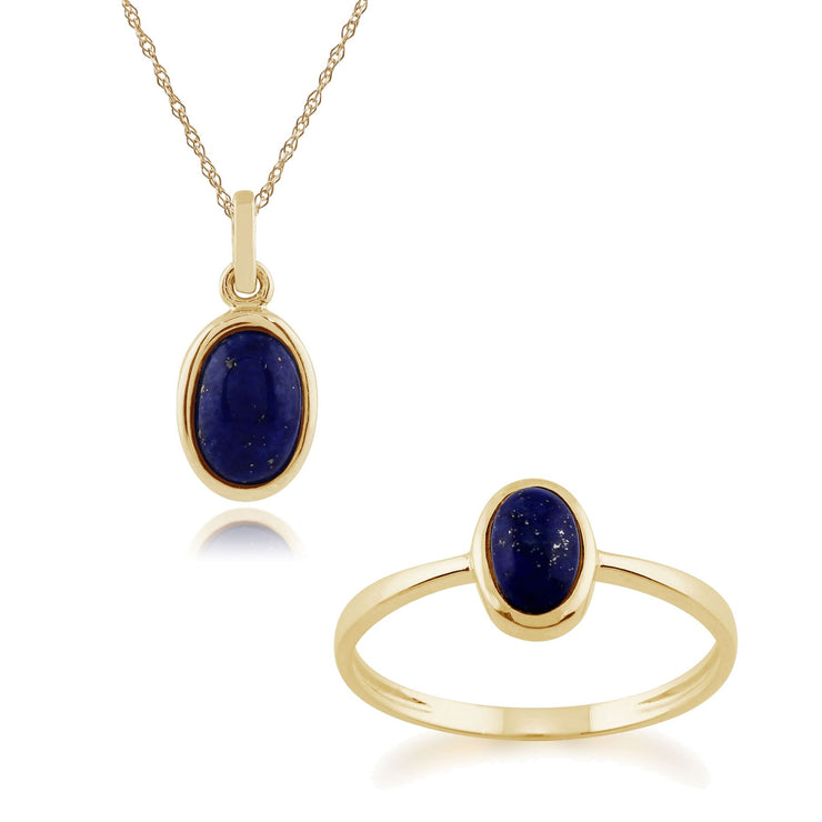 Pendentif et Bague Solitaire Classique Or Jaune 375 Lapis Lazuli oval Sertis Clos