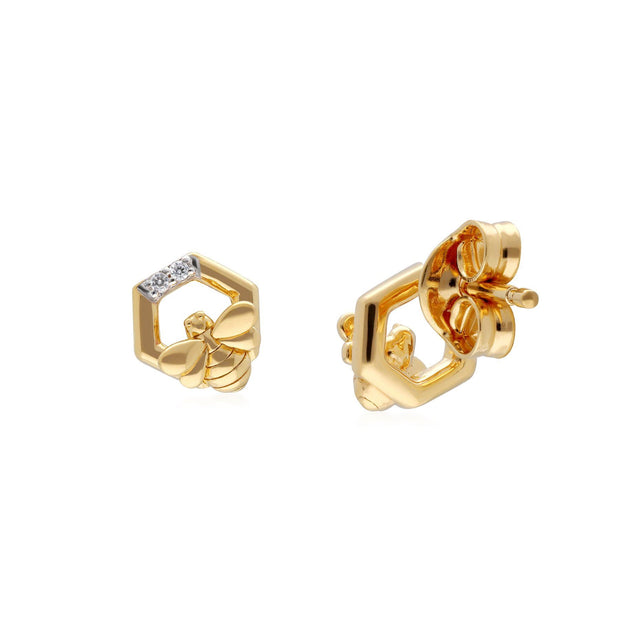 Boucles d'Oreilles Hexagonales Abeilles Collection Honeycomb Or Jaune 375 Diamant