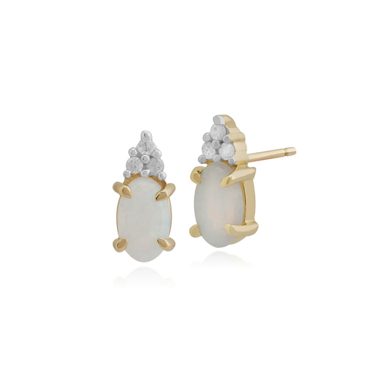 Pendentif et Boucles d'Oreilles Clou Classique Or Jaune 375 Opale Oval et Diamant