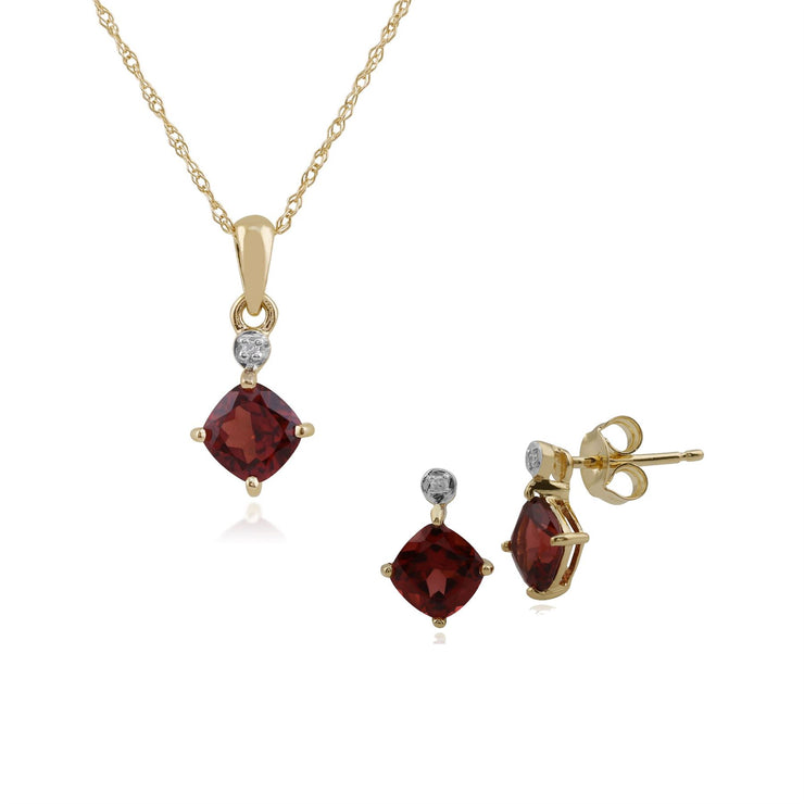 Pendentif et Boucles d'Oreilles Clou Classique Or Jaune 375 Grenat Coussin et Diamant