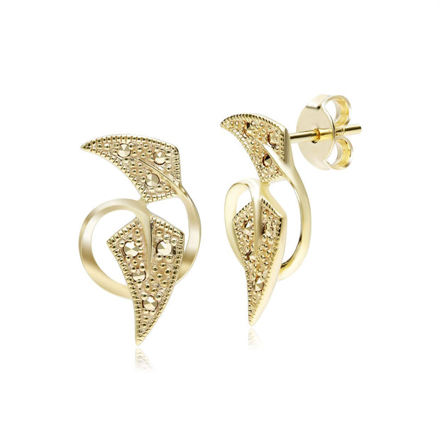 Boucles d'Oreilles Style Art Nouveau Feuille avec Marcassite