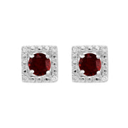 Boucles d'Oreilles Clou Grenat Classique Or Blanc 375 et Ear-Jacket Carré Diamant