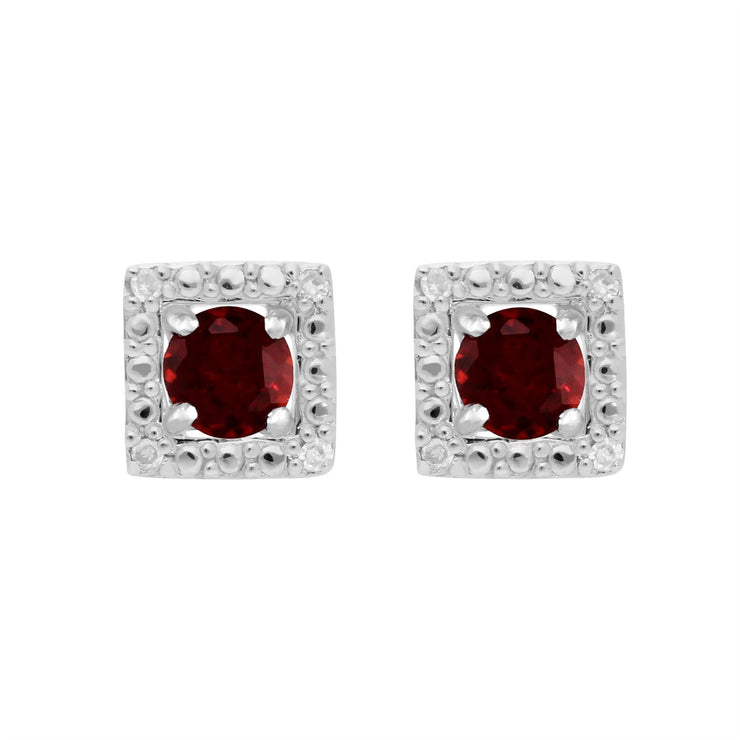 Boucles d'Oreilles Clou Grenat Classique Or Blanc 375 et Ear-Jacket Carré Diamant