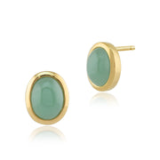 Boucles d'Oreilles Clou et Bague Classique Or Jaune 375 Jade sertis Clos