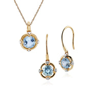 Pendentif et Boucles d'Oreilles Pendantes Or Jaune 375 Topaze Bleue et Diamant Halo