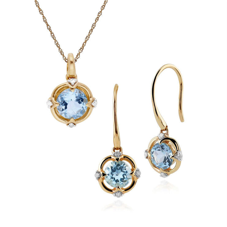 Pendentif et Boucles d'Oreilles Pendantes Or Jaune 375 Topaze Bleue et Diamant Halo