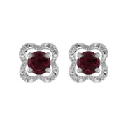 Boucles d'Oreilles Clou Rhodolite Classique Or Blanc 375 et Ear-Jacket Fleur Diamant