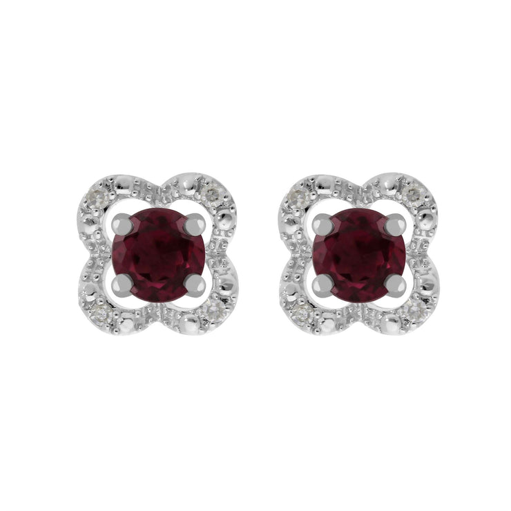 Boucles d'Oreilles Clou Rhodolite Classique Or Blanc 375 et Ear-Jacket Fleur Diamant