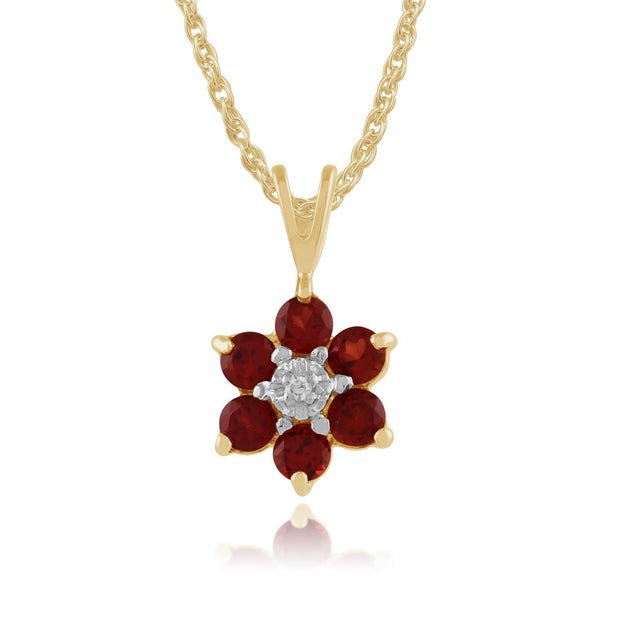 Pendentif et Boucles d'Oreilles Clou Floral Or Jaune 375 Grenat et Diamant Cluster