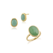 Boucles d'Oreilles Clou et Bague Classique Or Jaune 375 Jade sertis Clos