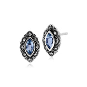 Boucles d'Oreilles Clou Style Art Nouveau Argent 925 Topaze Bleu Marquise et Marcassite