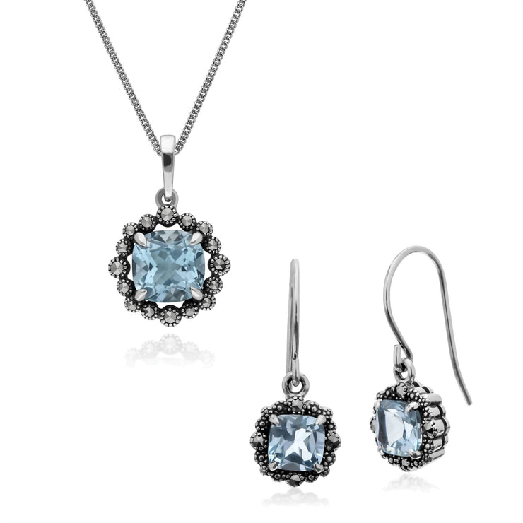 Pendentif et Boucles d'Oreilles Pendantes Style Art Déco Argent 925 Topaze Bleue Coussin et Marcassite