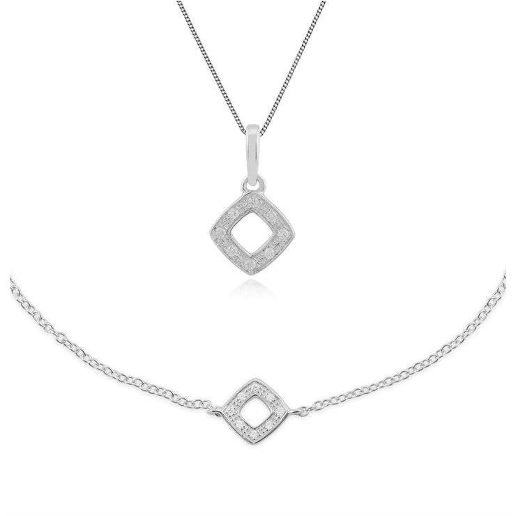 Pendentif et Bracelet Classique Or Blanc 375 Diamant Carré Ajouré