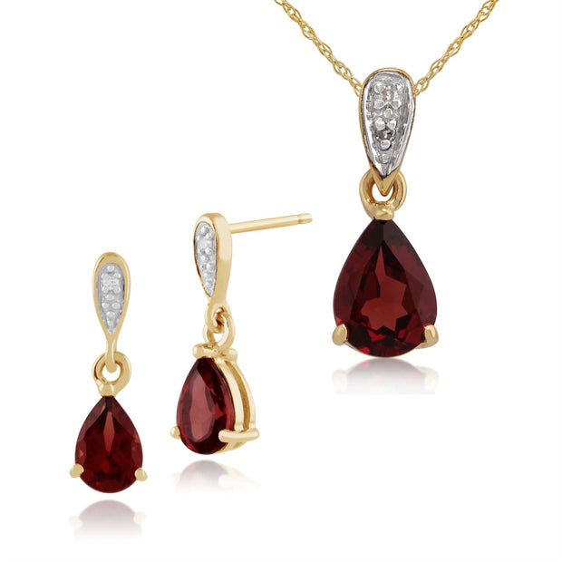 Pendentif et Boucles d'Oreilles Pendantes Classique Or Jaune 375 Grenat Poire et Diamant