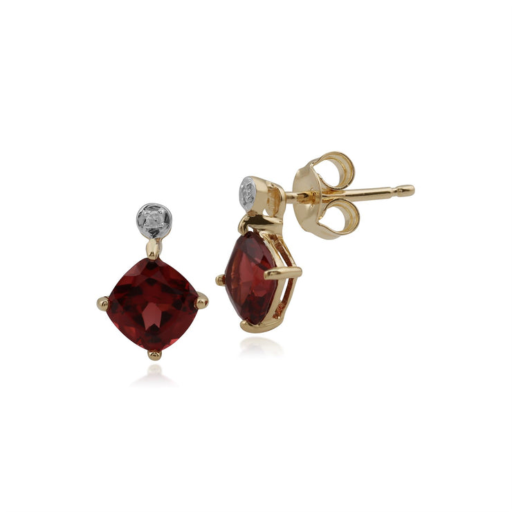 Pendentif et Boucles d'Oreilles Clou Classique Or Jaune 375 Grenat Coussin et Diamant