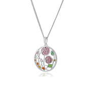 Collier et Boucles d'Oreilles Rondes Pendantes Style Rennie Mackintosh Argent 925 Topaze et Email Style Rose de Glasgow