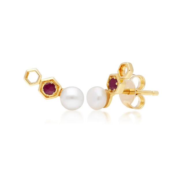 Boucles d'Oreilles Climbers Clou Moderne Or Jaune 375 Rubis et Perle