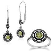 Bague et Boucles d'Oreilles Style Art Déco Pendantes Argent 925 Péridot Rond, Marcassite et Email Noire