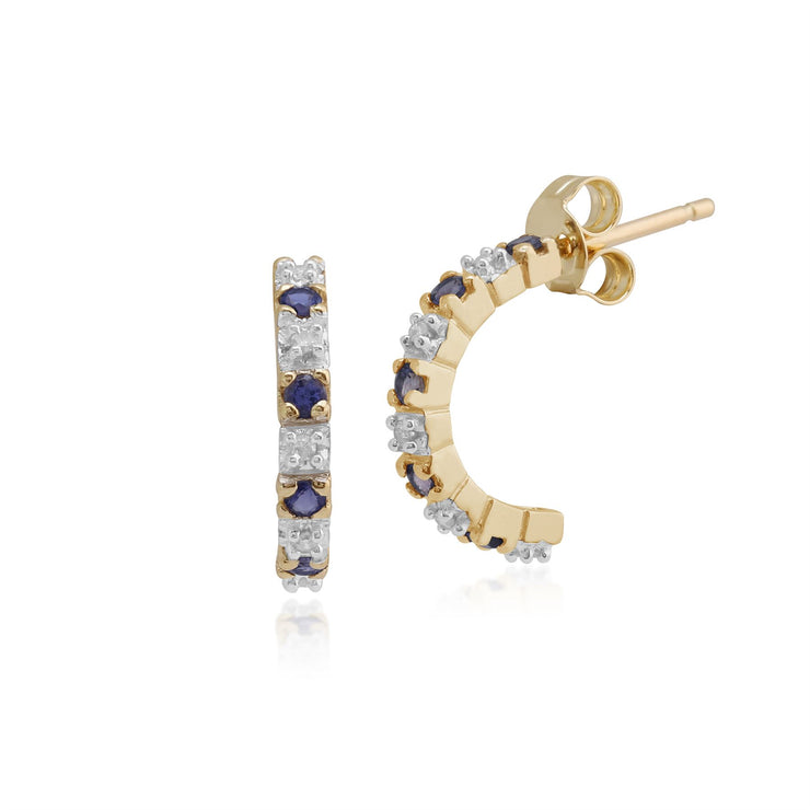 Bague Demi Eternité et Boucles d'Oreilles Demi-Créoles Or Jaune 375 Iolite et Diamant