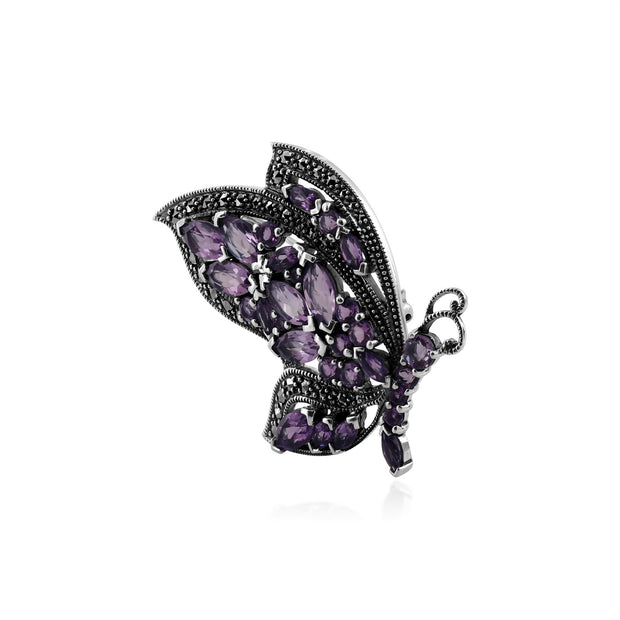 Broche Papillon Volant Style Art Nouveau Argent 925 Améthyste Marquise et Marcassite