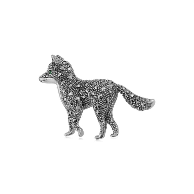 Broche Renard Classique Argent 925 Marcassite et Emeraude