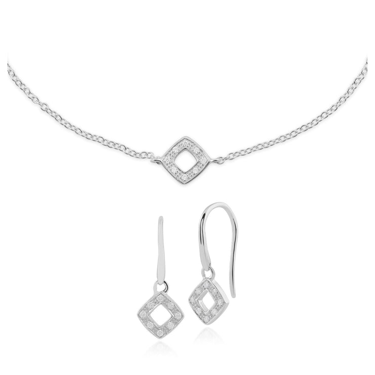 Boucles d'Oreilles Clou et Bracelet Classique Or Blanc 375 Diamant Carré Ajouré