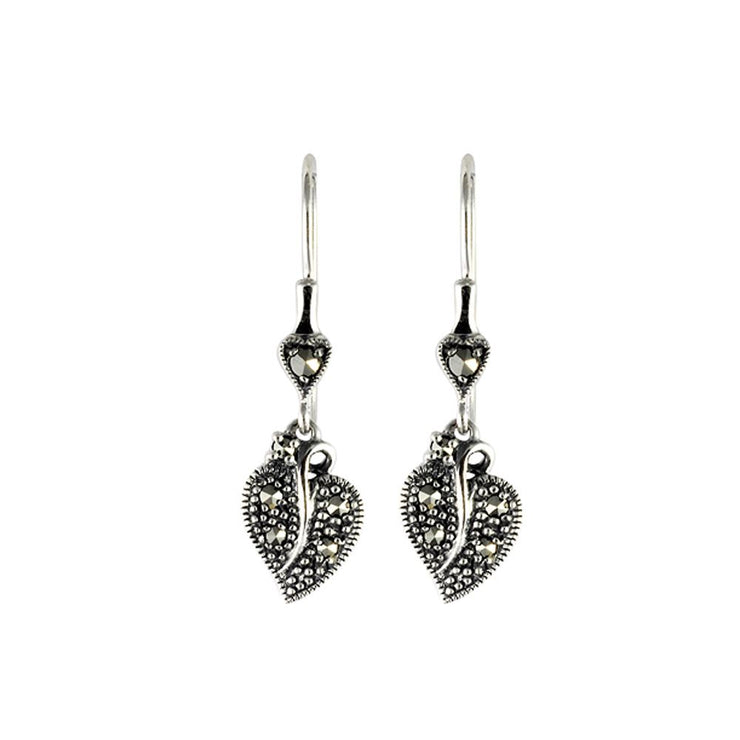 Boucles d'Oreilles Feuille Pendantes Style Art Nouveau Argent 925 marcassite Rond