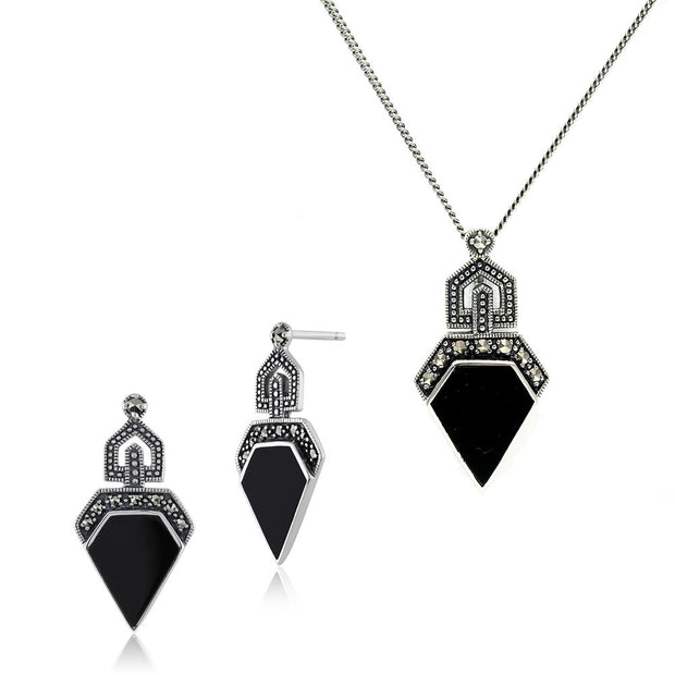 Collier et Boucles d'Oreilles Clou Feuille Style Art Déco Argent 925 Onyx Noire et Marcassite