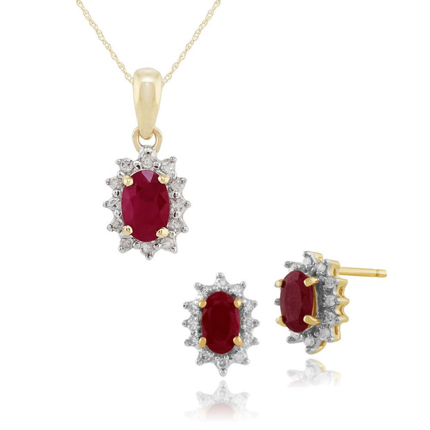 Pendentif et Boucles d'Oreilles Clou Classique Or Jaune 375 Rubis Oval et Diamant