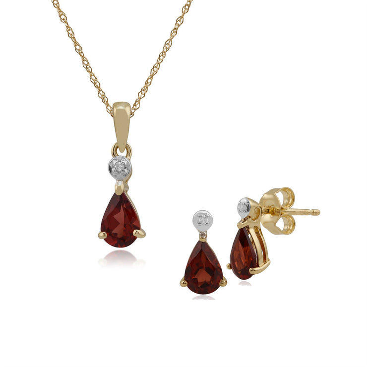 Pendentif et Boucles d'Oreilles Clou Classique Or Jaune 375 Grenat Poire et Diamant