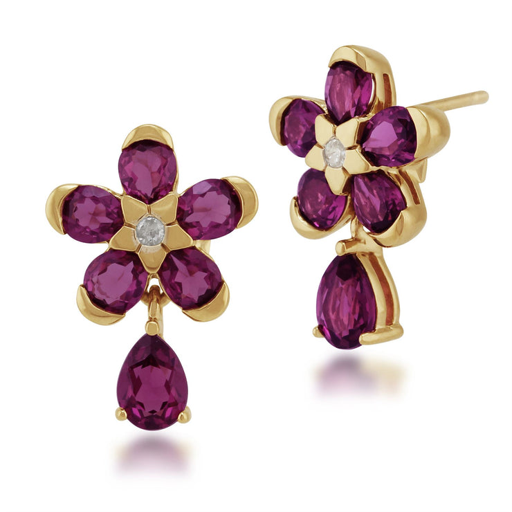 Pendentif et Boucles d'Oreilles Clou Floral Argent 925 Plaqué Or Rhodolite Poire et Diamant