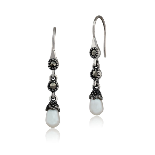 Boucles d'Oreilles Pendantes Style Art Nouveau Argent 925 Perle de Culture et Marcassite