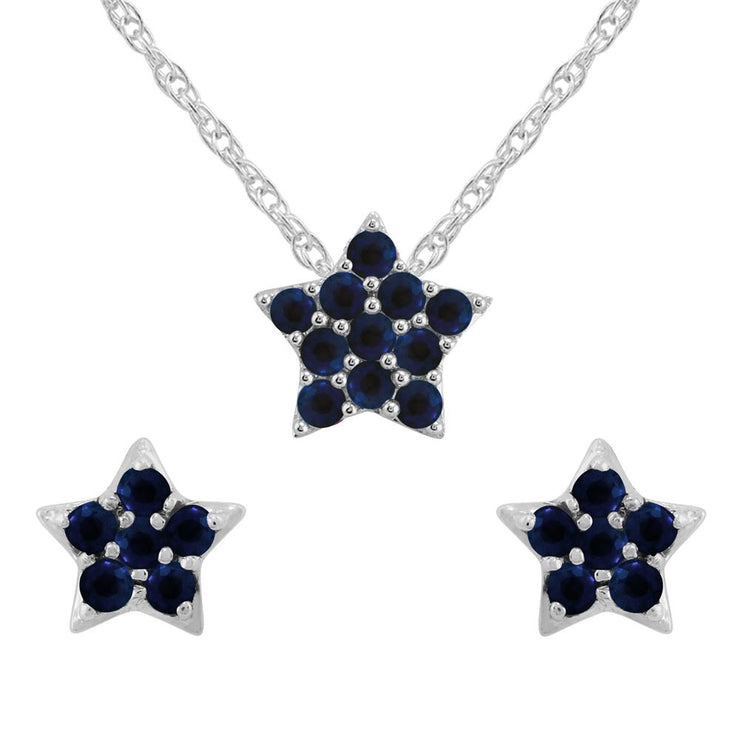 Pendentif et Boucles d'Oreilles Clou Star Or Blanc 375 Saphir Cluster