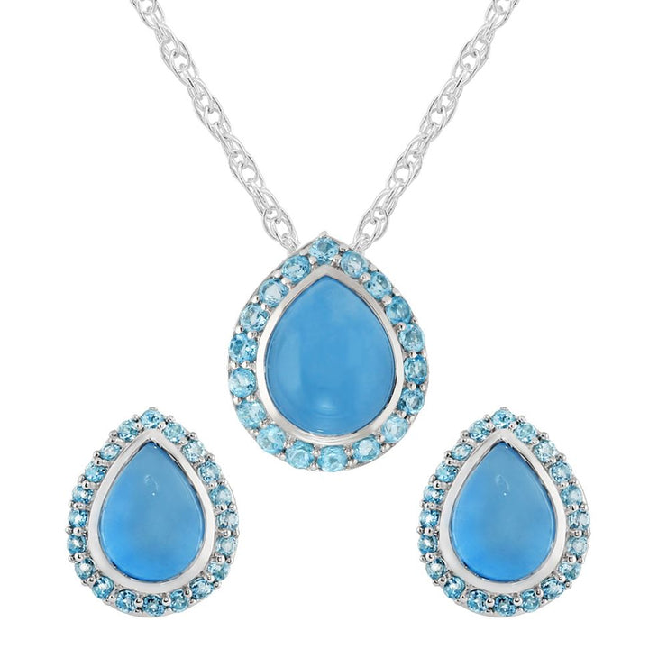 Pendentif et Boucles d'Oreilles Clou Style Art Déco Argent 925 Turquoise Poire et Topaze Bleue Halo