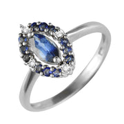 Bague Floral Or Blanc 375 Saphir Bleu Naturel et Diamant Style Cluster