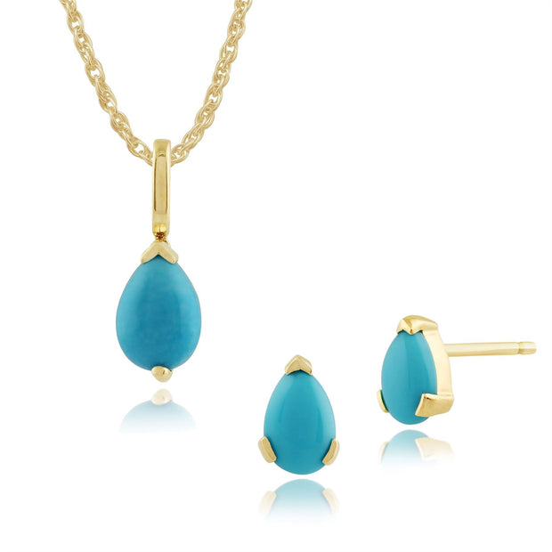 Pendentif et Boucles d'Oreilles Clou Classique Or Jaune 375 Turquoise Poire