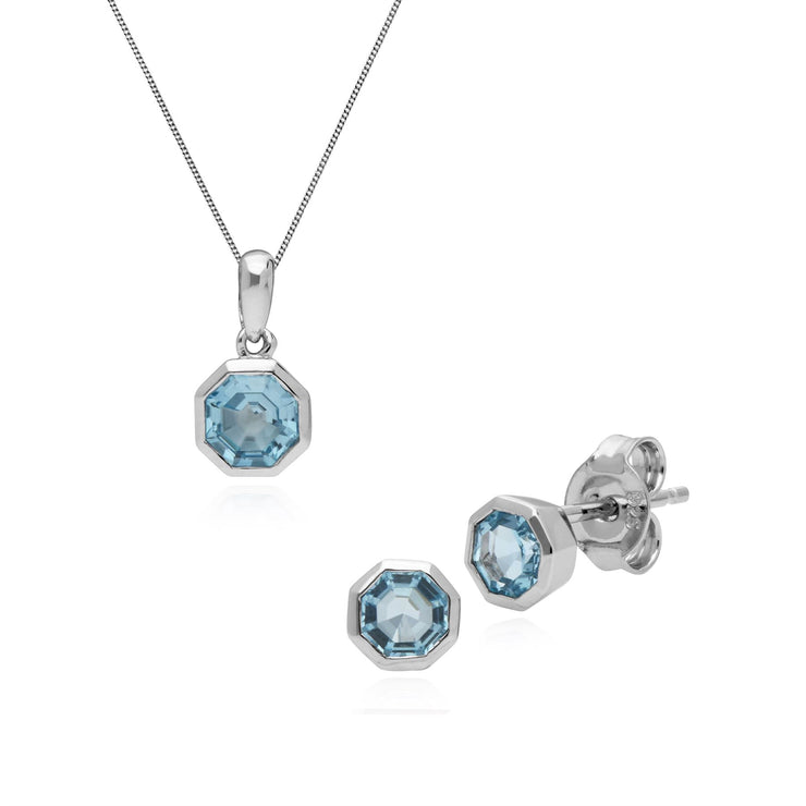 Pendentif et Boucles d'Oreilles Clou Géométrique Argent 925 Topaze Bleue Octogonal