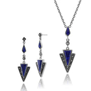 Collier et Boucles d'Oreilles Pendantes Triangle Style Art Déco Argent 925 Lapis Lazuli et Marcassite