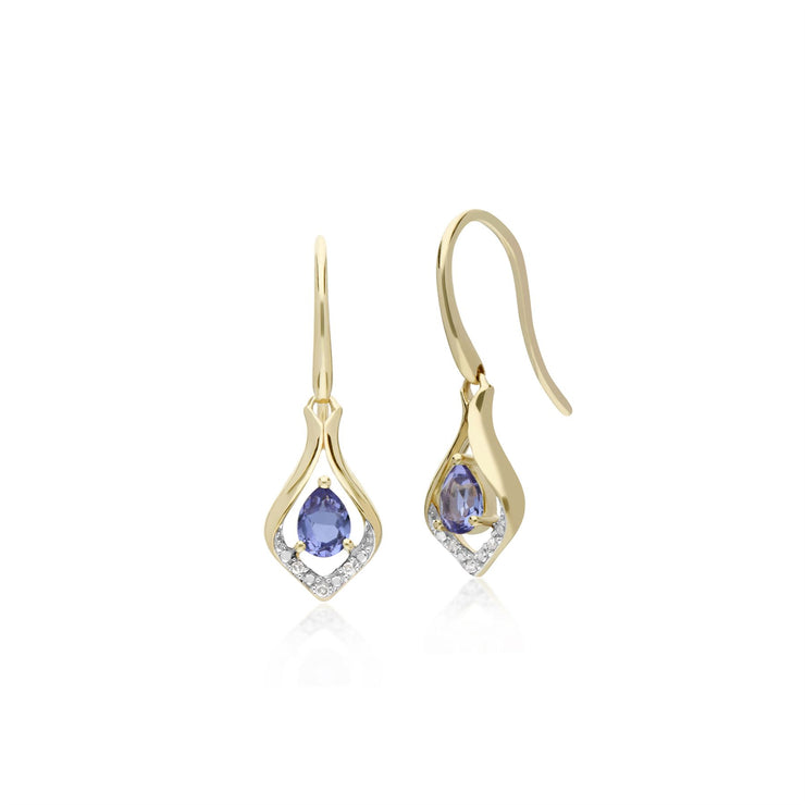 Tanzanite Boucles D'Oreilles, 9 CT or Jaune Rond Tanzanite & Diamant Feuille Boucles D'Oreilles Goutte